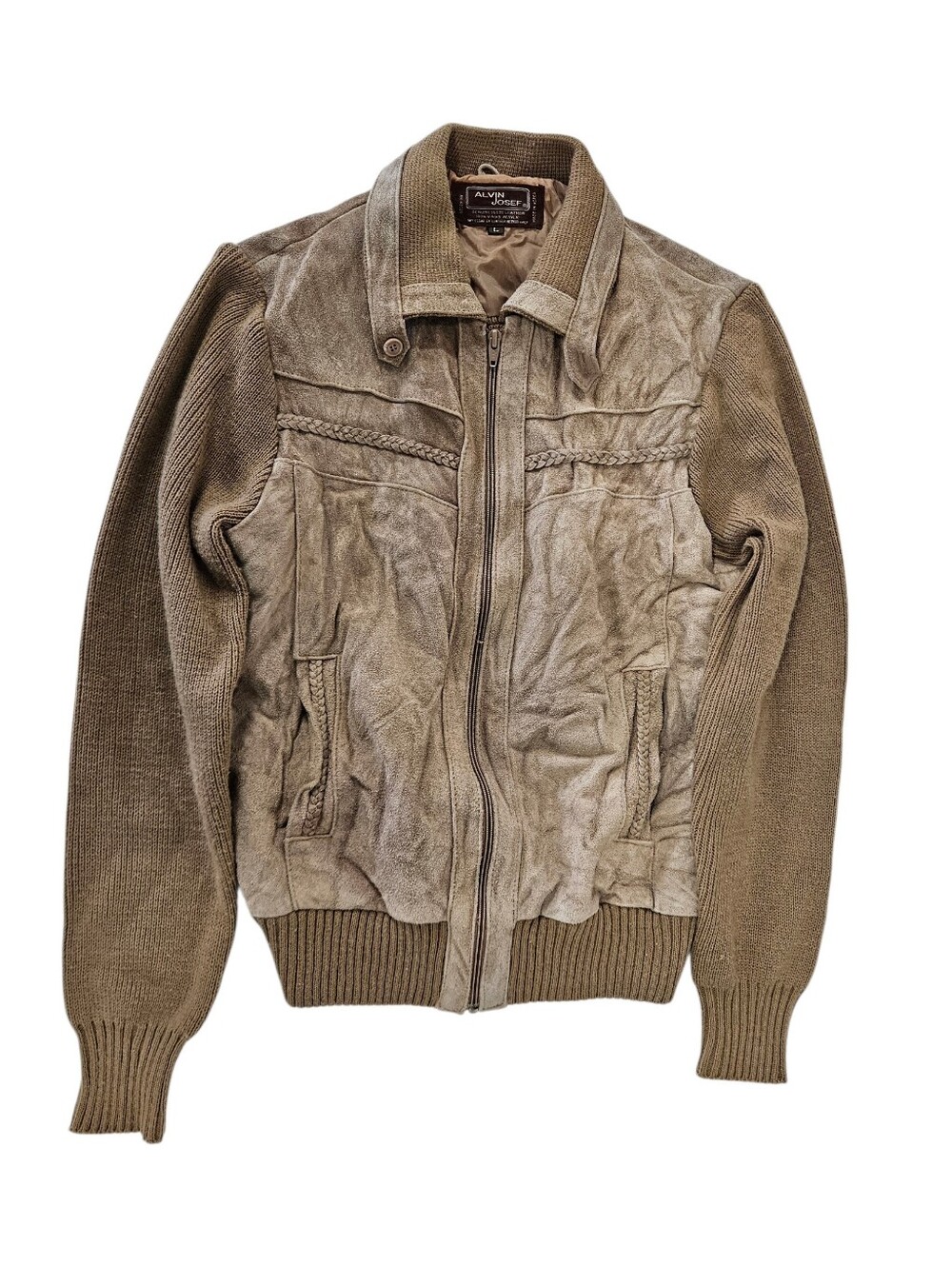 Vintage 1970s Alvin Josef Tan Suede Leather Knit Bomber Zip Jacket Large CL0053